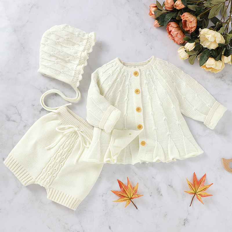 New 2020 Spring Autumn Infant Baby Girls Pure Color Cardigan Coat + Pants+ Hat Clothing Sets Kids Suit Girl Knit Sets Clothes Y1105