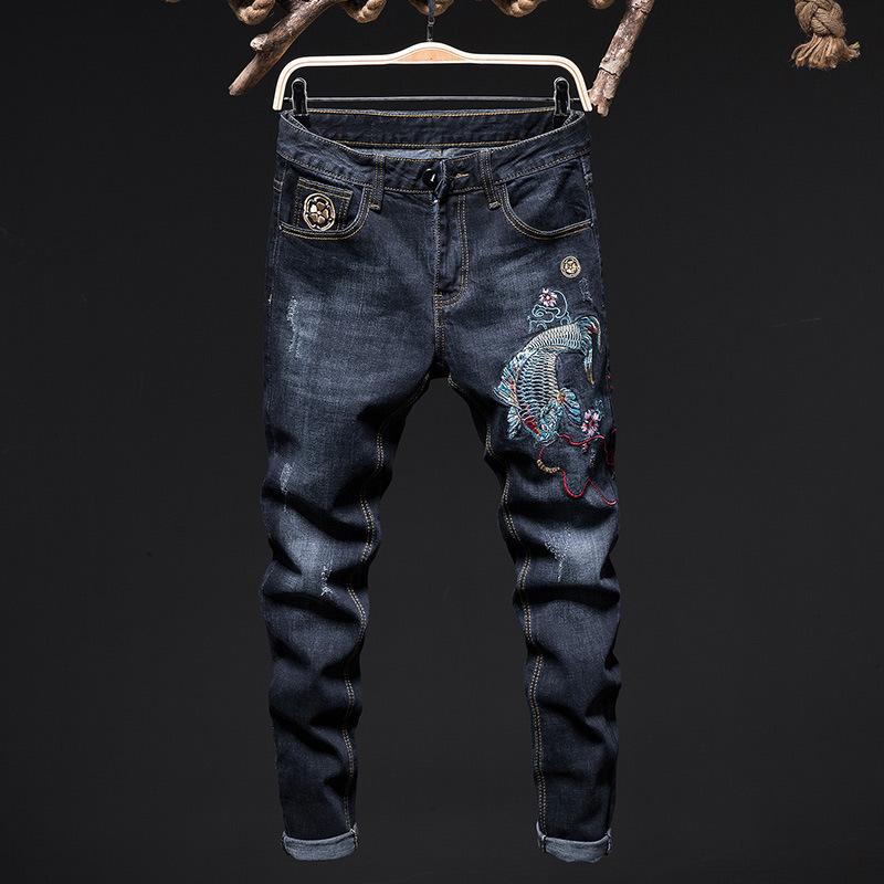 Original design new European and American style small straight tube elastic jeans embroidered carp dark blue slim pants, See chart
Original design new European and American style small straight tube elastic jeans embroidered carp dark blue slim pants, See chart