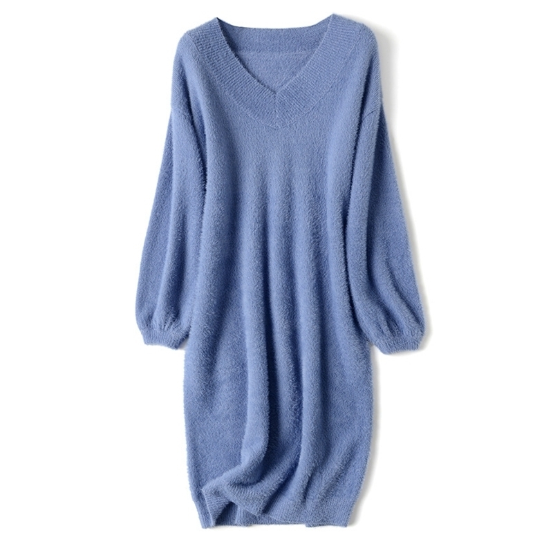 GIGOGOU Autumn Winter Long Knitted Dress Women Thick Warm Fur Pullover Sweater Dresses Elegant V Neck Christmas Party Dresses 201029
