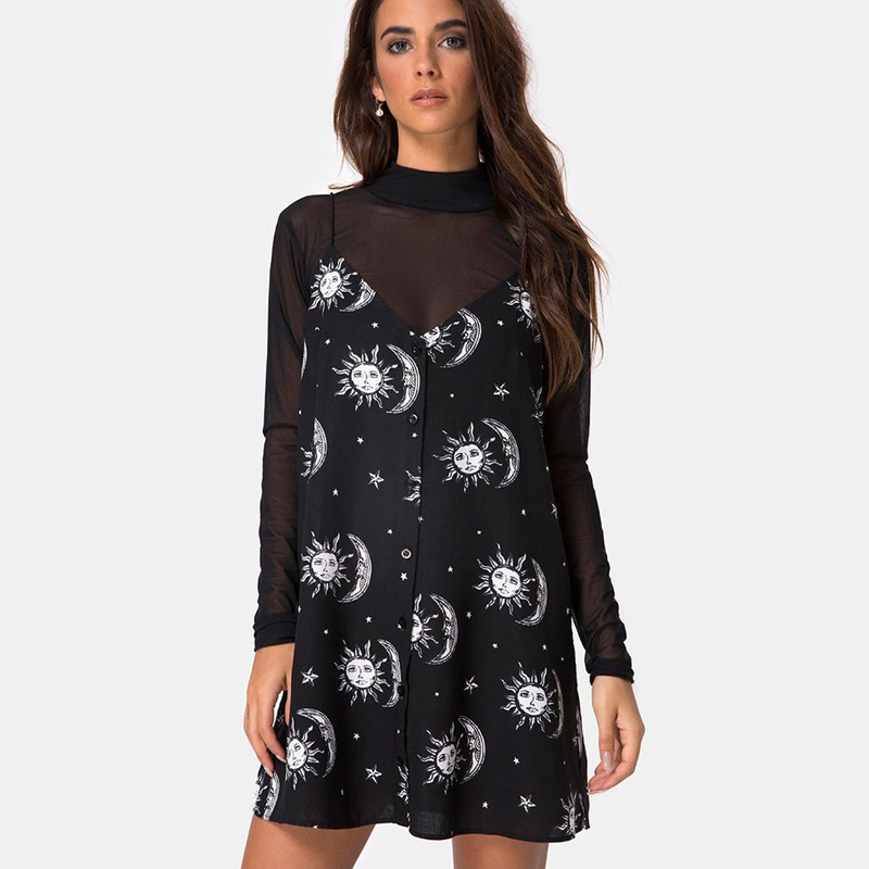 InsGoth Women Black Mini Dress Gothic Punk Sun Moon Printed Elegent Casual Loose Spaghetti Straps Aesic Vintage Female Dress T200604