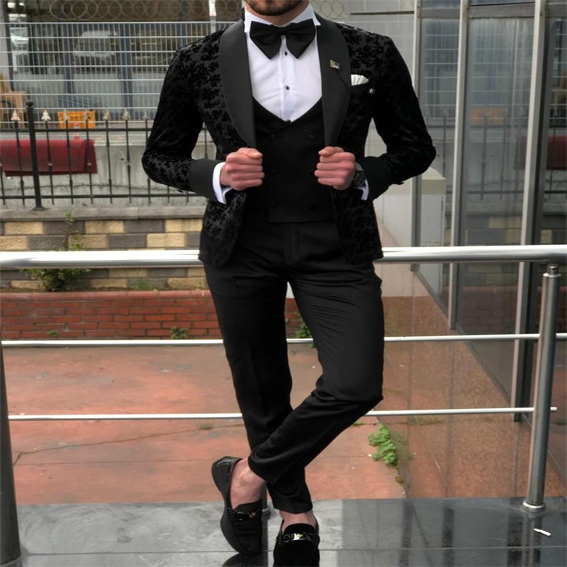 black printed men suits 3 pieces royal appliqued custom made wedding suits lapel high quality fashion formal business coatpantvest