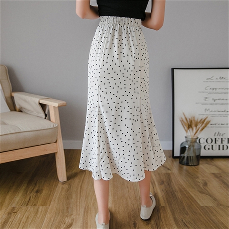 Spring Summer Black Polka Dots Chiffon Skirt Korean Style Women High Waist Mermaid Skirt Elegant Midi Skirt 201110