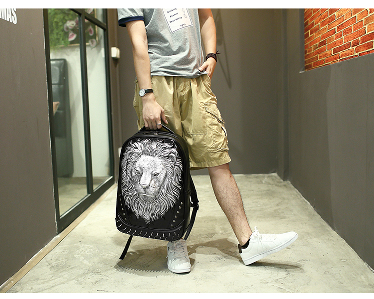Fashion 3D Embossed Lion Backpack bags for Men rivet computer travel bag Laptop unique Bag personality whimsical Cool Women Schoolbag