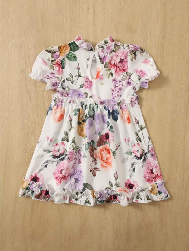 Baby Floral Print Puff Sleeve Keyhole Back Ruffle Trim Dress SHE R250424