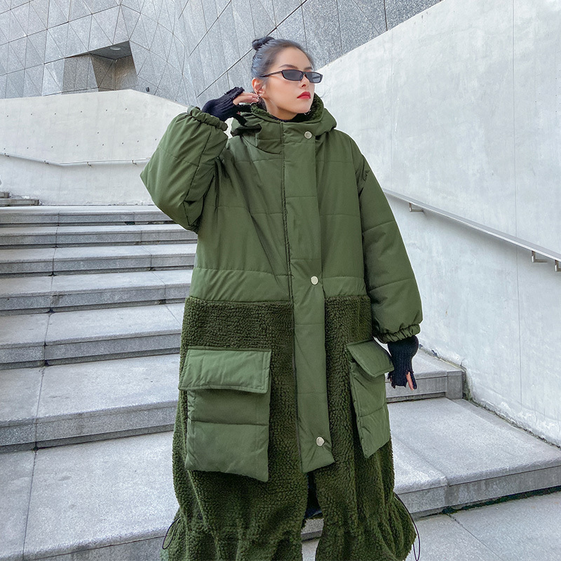 [EAM] Lamb Wool big size Hooded Cotton-padded Coat Long Sleeve Loose Fit Women Parkas Fashion New Autumn Winter 1DD0972 201202