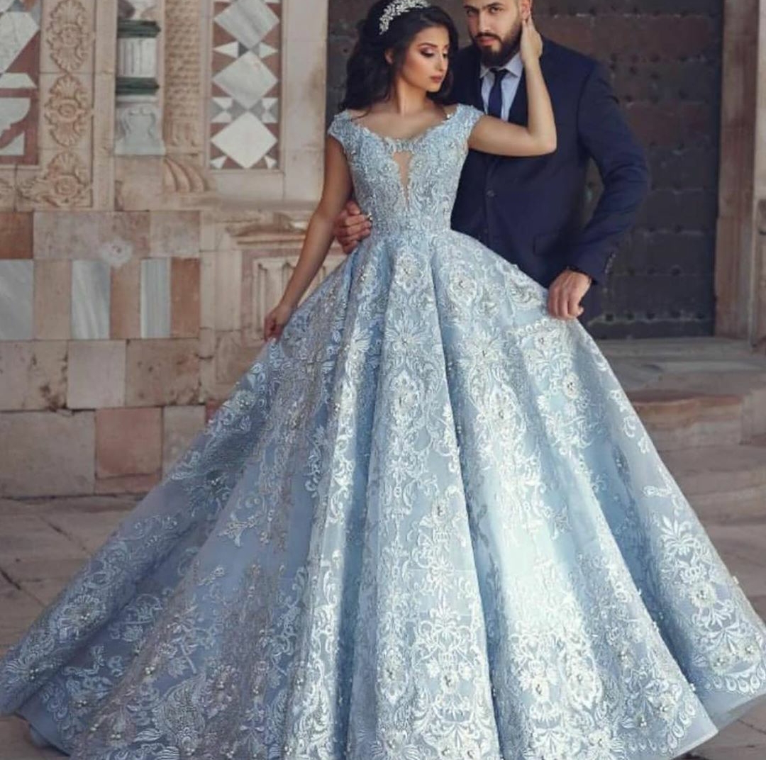 2020 A Line Sky Blue Prom Dresses Cap Sleeve Lace Beaded Arabic Evening Gowns vestido de novia Muslim Special Occasion Dress