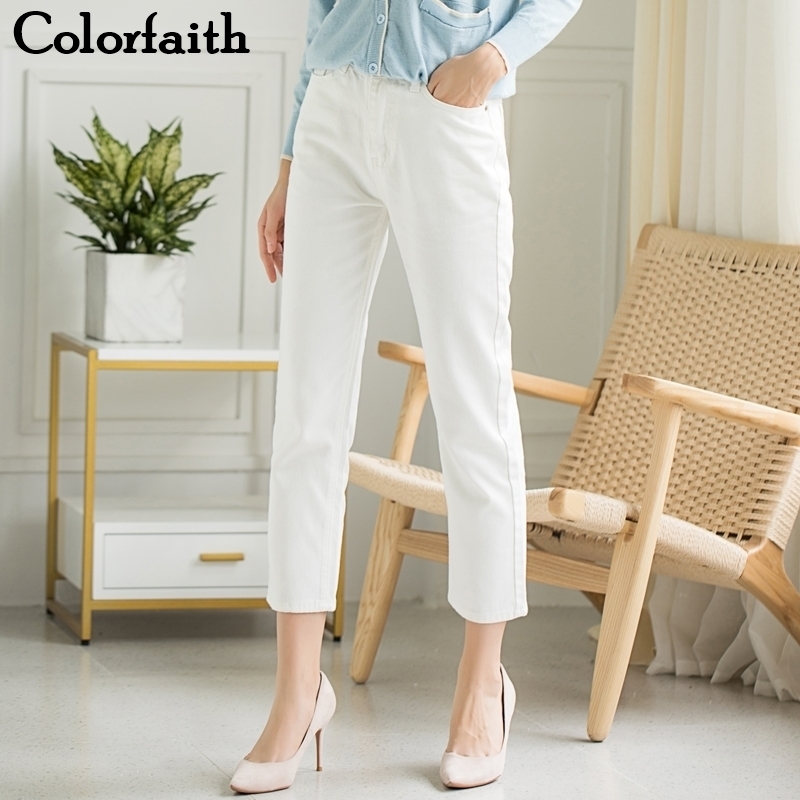 Colorfaith Women Jeans Zipper Casual Straight High Waist Trousers Pants Ladies Grils Ankle-Length Vintage White Denim J5629 201029