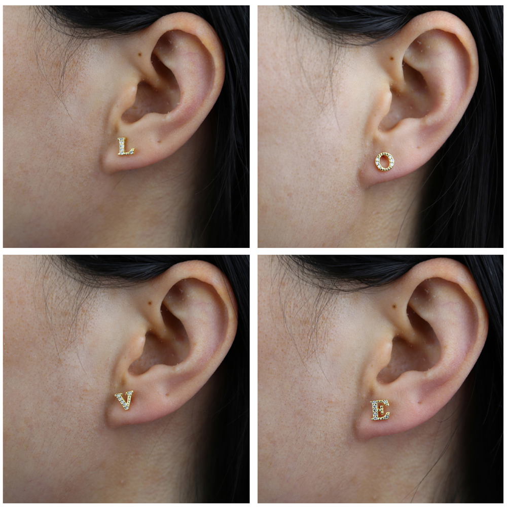 High Quality 1Pair of Cute Mini 925 Sterling Silver Geometric English Letters Stud Earrings for Women Gold Alphabet Zircon Studs Gift