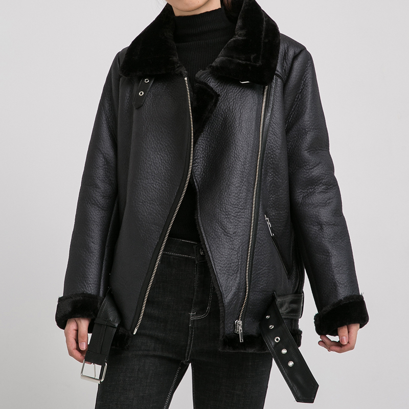 Fitaylor Winter Faux Lamb Leather Jacket Women Faux Leather Lambs Wool Fur Collar Suede Jacket Coats Female Warm Thick Outerwear 201028