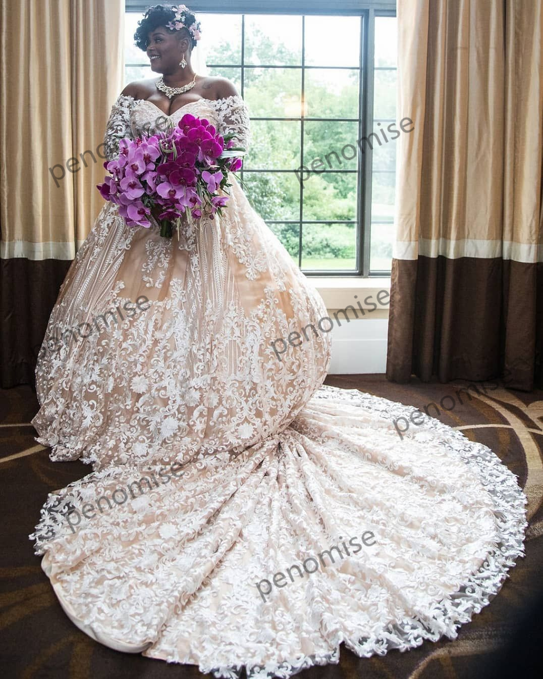 Plus African Size Wedding Dress Long Sleeves Lace Applique Robe Mariage Handmade Off the Shoulder Vintage Vestido De Novia