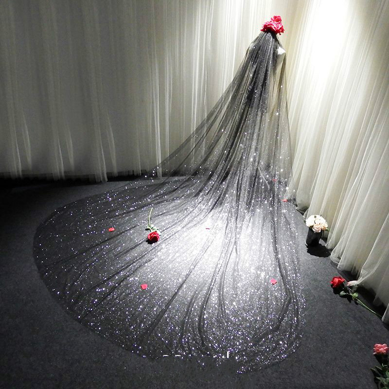 New Sparkly Bling Bling Black Wedding Veils 3m Glitters Sequins Chapel Train Wedding Prom Wraps Accessories