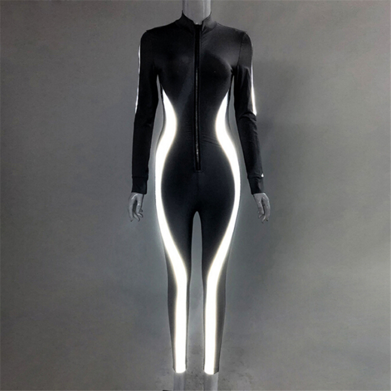 New Fashion Women Clubwear Playsuit Long Sleeve Bodycon Party Jumpsuit Women V-neck Reflective Stripe Clothes Romper Trouser T200509
