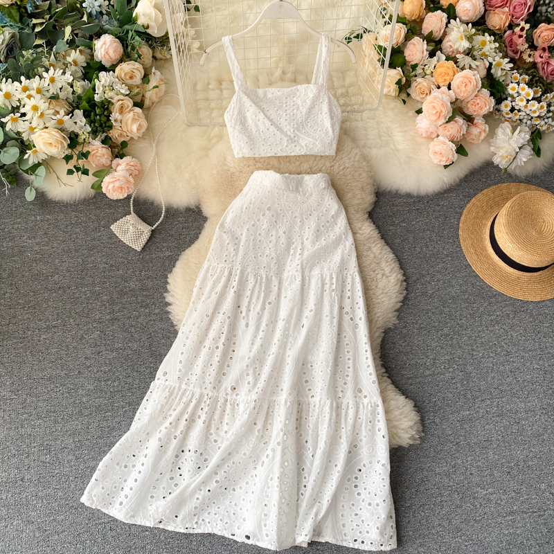 LY VAREY LIN New Summer Zipper Hollow Out Beach Vacation Two Piece Set Square Collar Strap Crop Top High Waist Women Skirt 201027