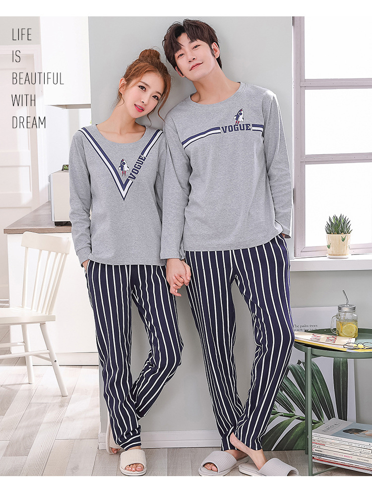 BZEL Cotton Couple Pajamas Set Cute Cartoon O-neck Long Sleeve Sleepwear Soft Leisure Pajama For Male And Female Lovers' Clothes 201109