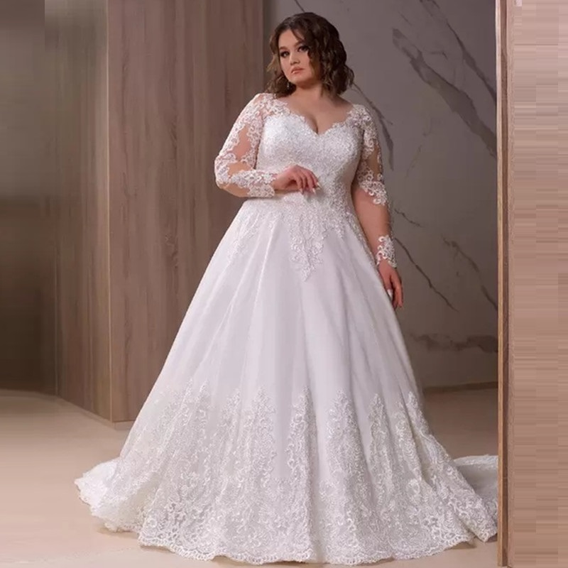 2022 Plus Size Bohemian Wedding Gown V Neck Appliqued Long Sleeves Lace Bridal Dresses Ruffle Sweep Train Custom Made Abiti Da Sposa