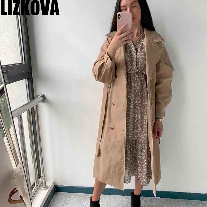 Spring Woman khaki Long Trench Coat British Style Vintage Puff Sleeve Long Dust Coat Elegant Waist Bandage Windbreaker 201029