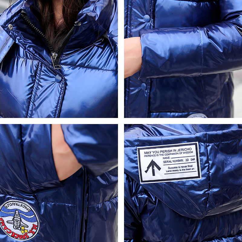 Women's Winter Down Coat Korean Style Printing Female Down Jacket Shiny Solid Plus Size Hooded Stand Collar Thick Outer 201019