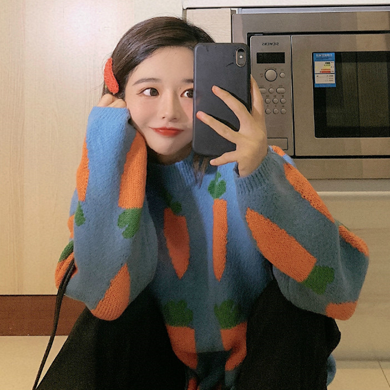 Women's Cozy Carrot Print Sweater Cute Cartoon Crew Neck Long Sleeve Oversized Pullover Jumper Fall Winter Knit Tops / 201221