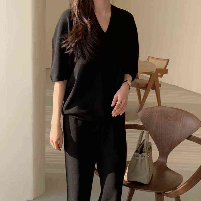 Autumn Korean Fashion Casual Knitted Two Piece Set Women Loose Pullover Sweater Tops + Wide Leg Pants Suits Knitwear 2 220114