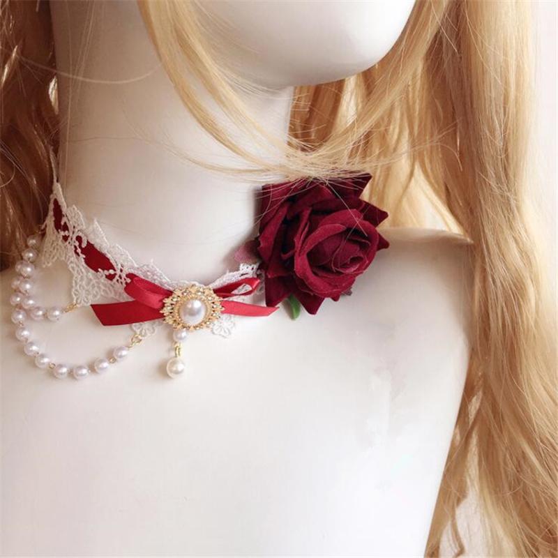 Chokers Gothic Lolita Rose Flower Pendant Bowknot Choker Pearl Chain Women Necklace D669