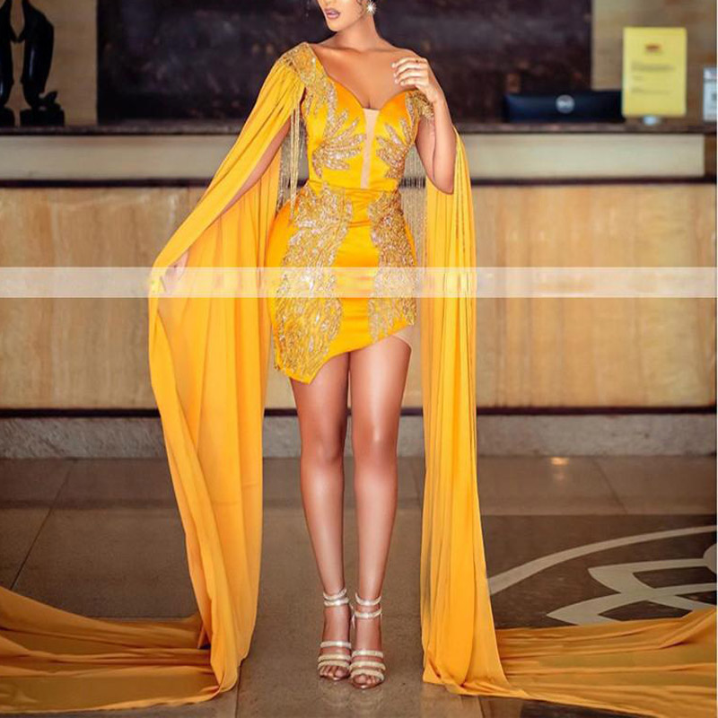 Sexy Gold Prom Dress Off the Shoulder With Long Cape Tassel Evening Party Dress Short Cocktail Dress 2021