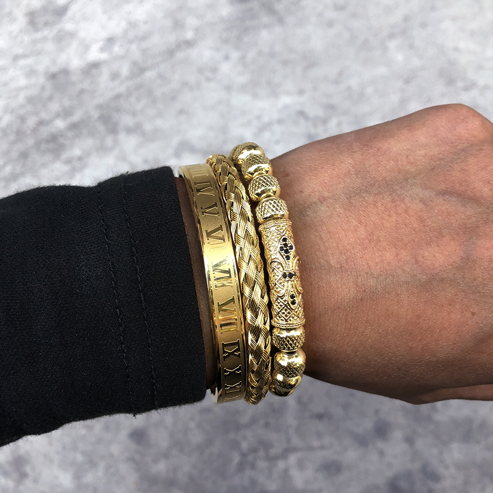 3pcs Luxury Roman Royal Short Tube Charm Bracelet Men Stainless Steel Geometry Pulseiras Men Open Adjustable Bracelets Couple Jewelry