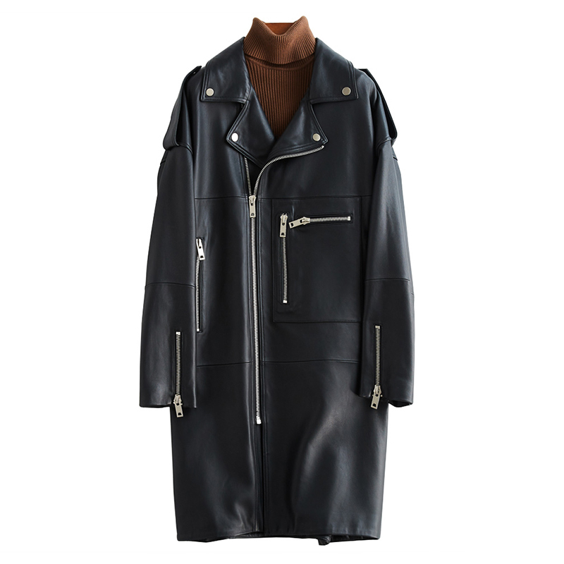 Nerazzurri Oversized black long spring womens leather jacket long sleeve drop shoulder zipper Plus size loose faux leather coat 201020