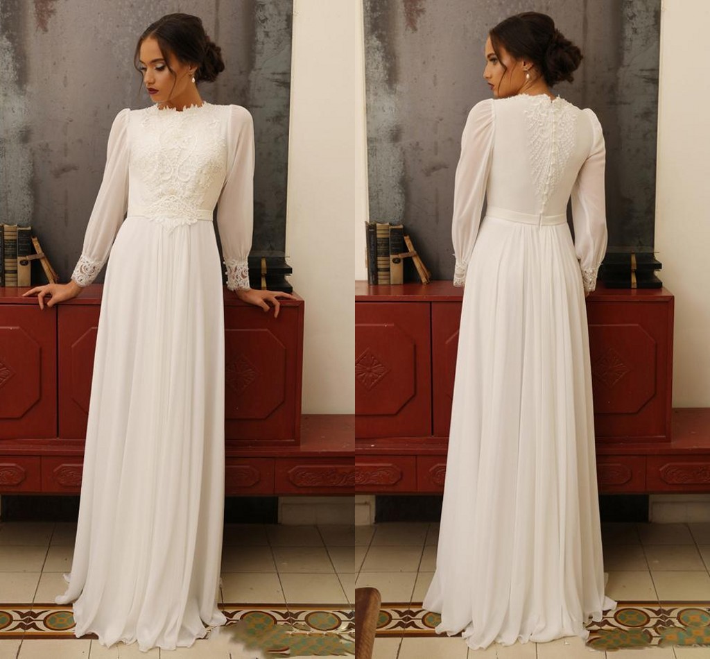 Vintage Summer Chiffon A-Line Wedding Dresses Puffy Long Sleeves High Neck Appliques Lace Floor Length Bridal Gowns, White
Vintage Summer Chiffon A-Line Wedding Dresses Puffy Long Sleeves High Neck Appliques Lace Floor Length Bridal Gowns, White