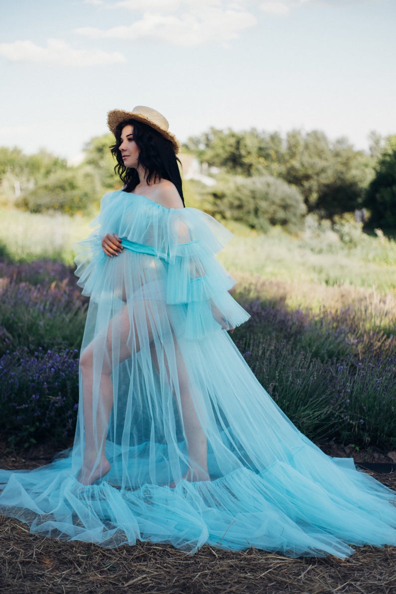 Sky Blue Illusion Ruffles Bathrobe Sleepwear Bridal Long Nightgowns Luxury Lingerie Birthday Party Wedding Gowns Shower Robes