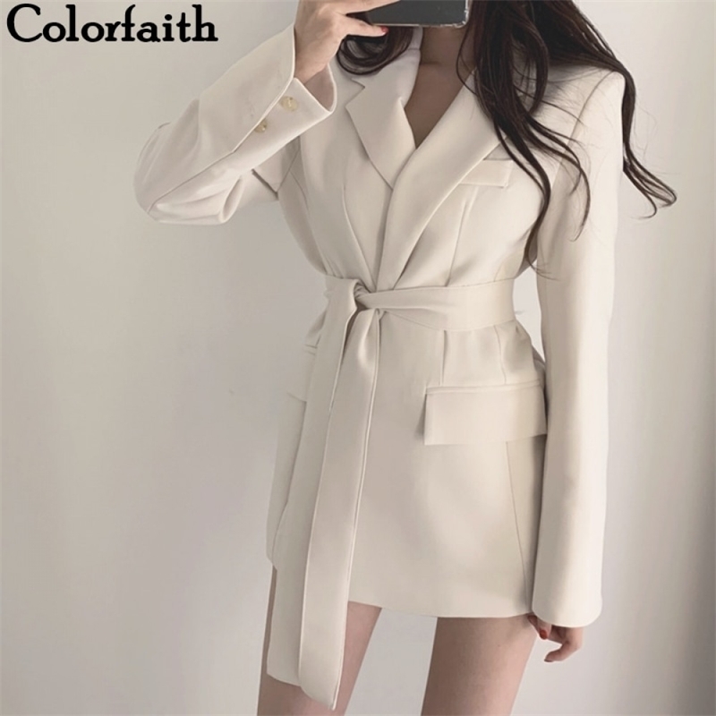 Colorfaith New Autumn Winter Women Jackets Office Ladies Lace up Notched Formal Outwear Elegant White Black Tops JK7040 201106