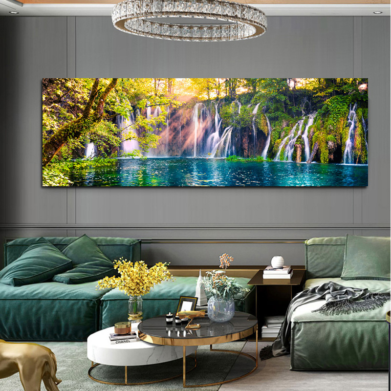 Modern Big Size Landscape Fall Nature Green Tree Canvas Painting Lake Posters and Prints Wall Pictures for Bedroom Home Decor