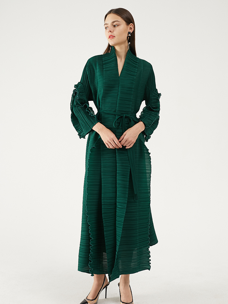 Miyake pleated petal sleeve dress lapel cardigan Sashes long sleeve casual plus size long green dress winter women clothes 201203