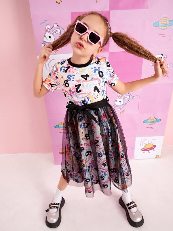 Girls Number Print Contrast Mesh Dress SHE