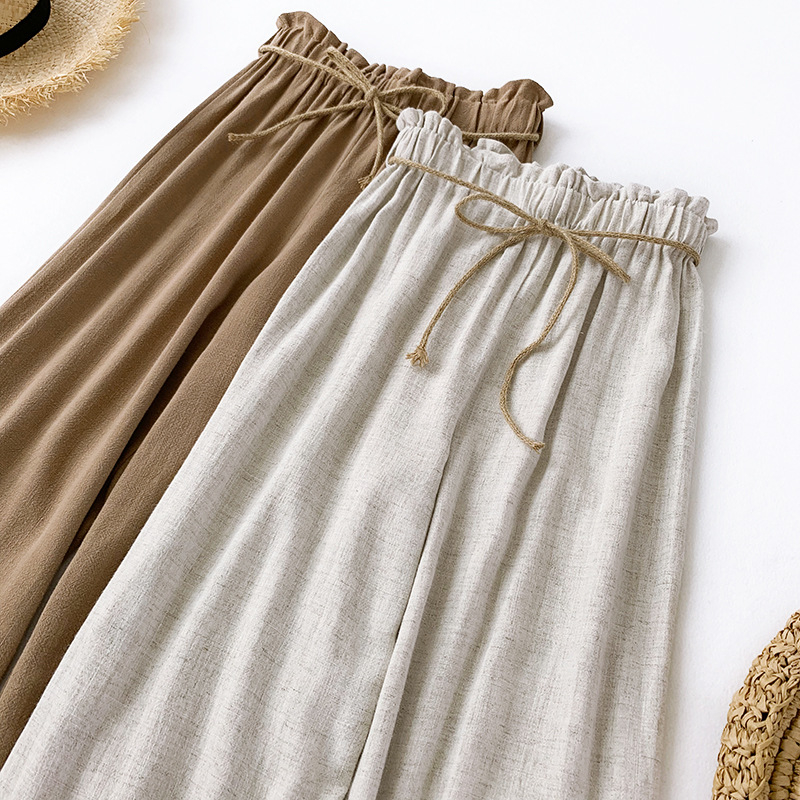 ZADORIN Korean Casual Summer Wide Leg Pants Women Linen High Waist Palazzo Pants With Belt Black White Loose Wide leg Trousers T200319
