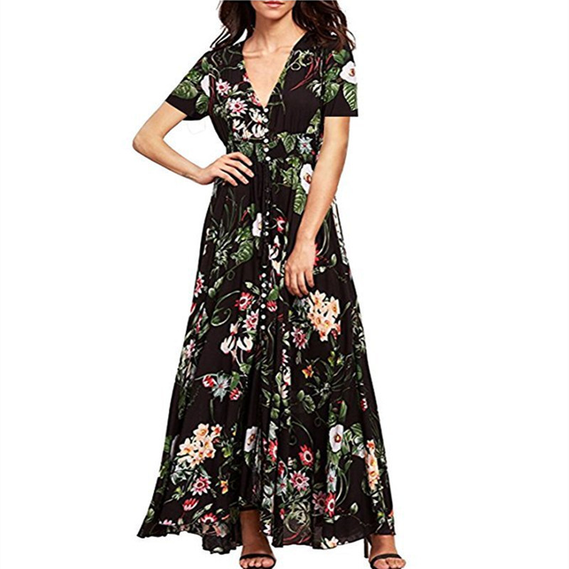 Bohemia Floral Long Women Dress Summer Button Boho Beach Maxi Dress Ladies Fashion Vintage Print casual dress women LDW1026 T200320