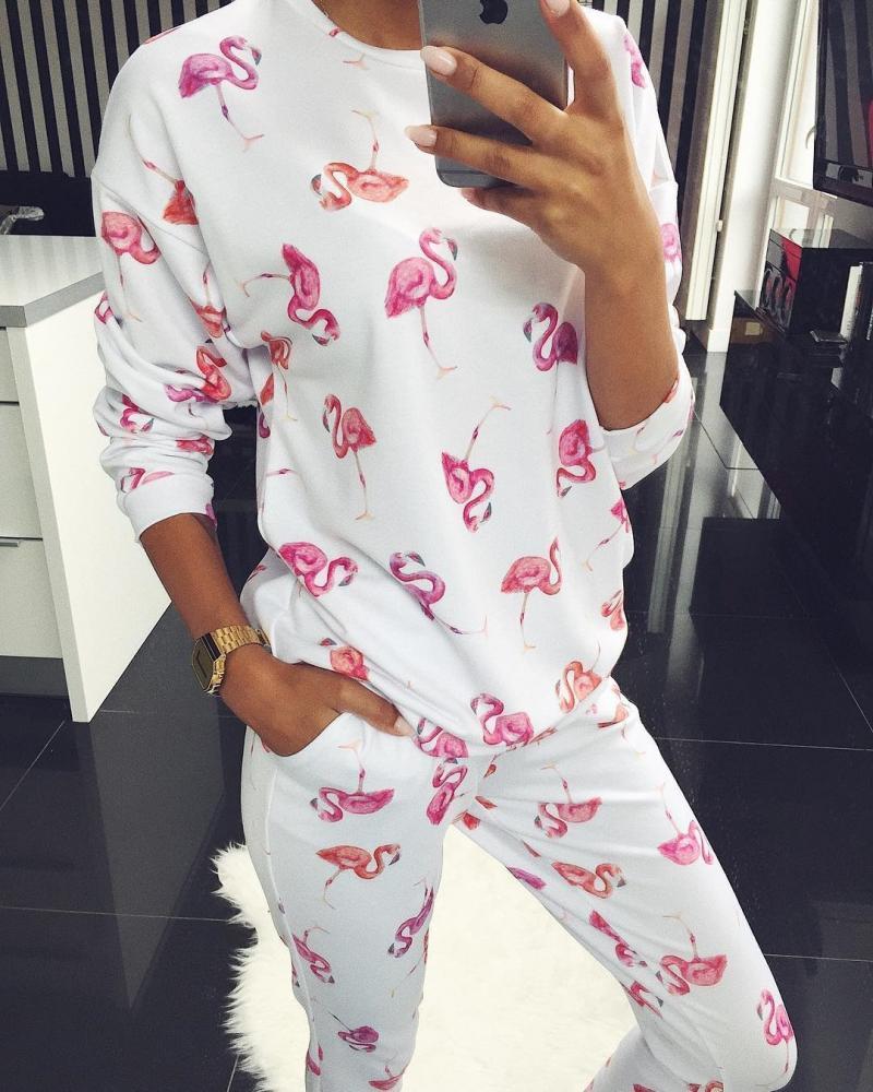 Spring Autumn Women Silk Satin Pajamas Sets Long Sleeve Pijama Flamingo Animal Print Homewear Thin Sleepwear Pyjama Nightwear 201027