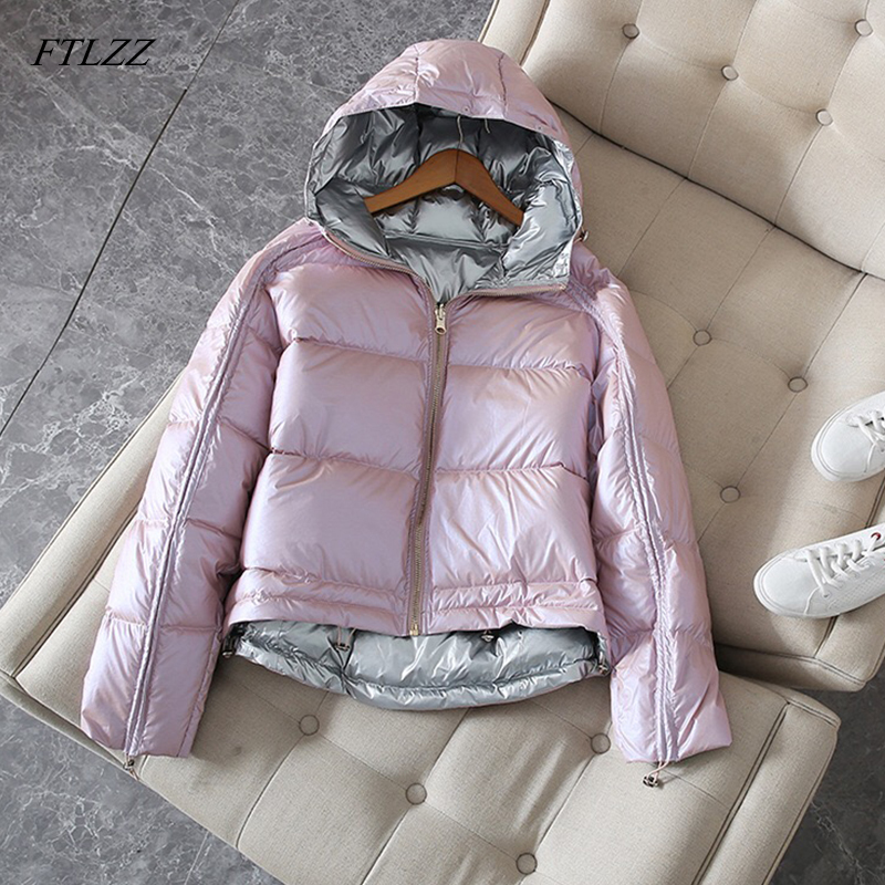 FTLZZ Silver Pink Down Coat Winter Jacket Women Hooded White Duck Down Parkas Female Loose Double Sided Waterproof Outerwear 201023