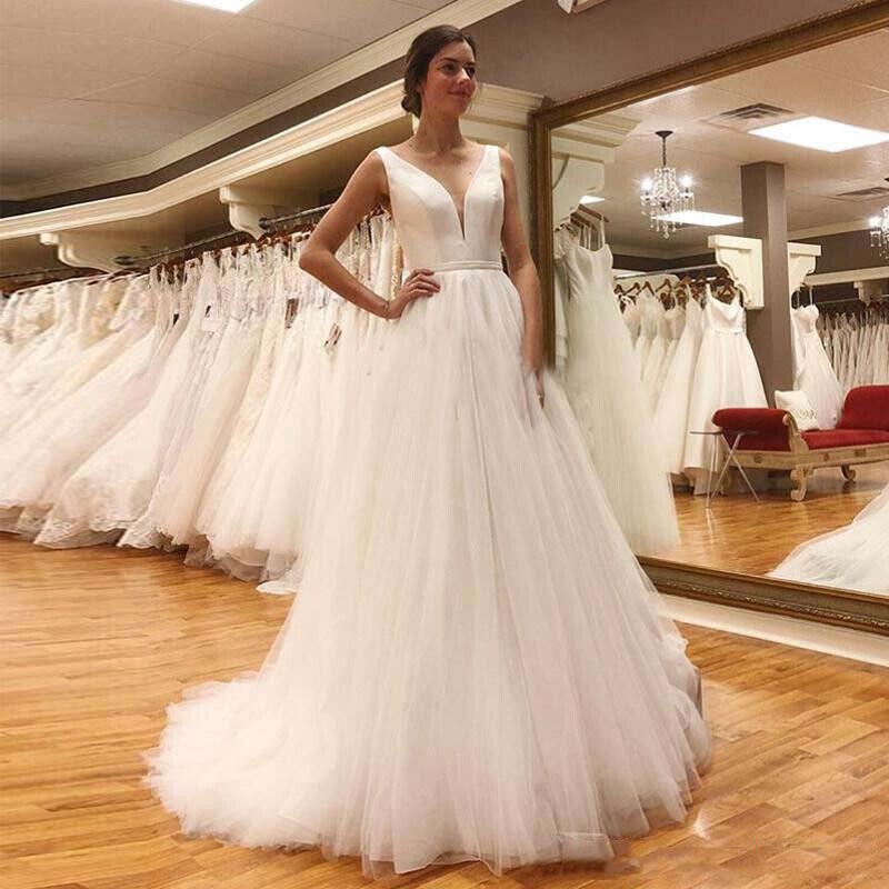 Made Deep V Neck Satin Wedding Dresses 2021 Backless Sweep Train Tulle Beach A Line Bridal Gowns