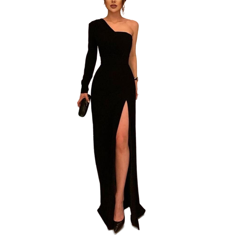 Elegant One Shoulder Black Sheath Evening Dresses Floor Sleeve Single Long Sleeve Side Split Prom Dress Simples Special Occasion Gowns For Women 2022