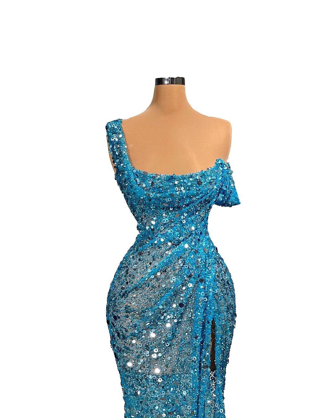 Luxury Mermaid Evening Night Evening Dresses for Women 2022 Sparkly Sequin Blue One Shoulder Short Sleeves Formal Prom Party Gowns
