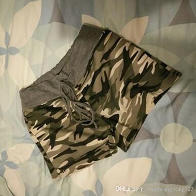 Women Camouflage Print Shorts Pants green Cotton Blend patchwork Elastic Wait Drawstring summer lady wild casual Sport Active Shorts