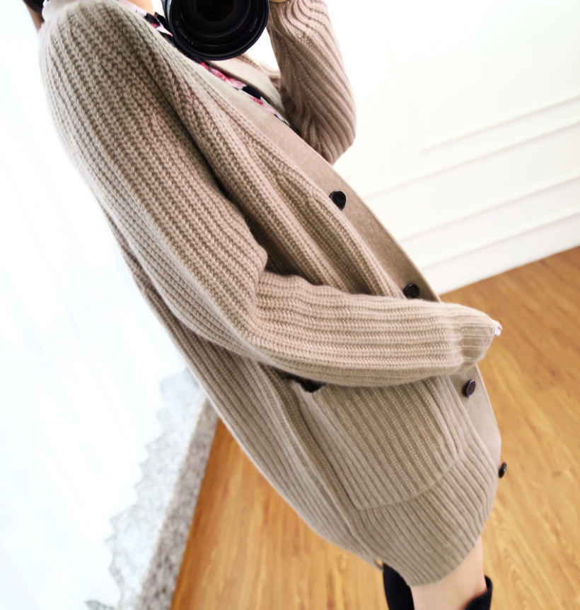 Fall winter wool cardigan women's mid-length V-neck sweater loose thick cashmere knitted jacket 201023