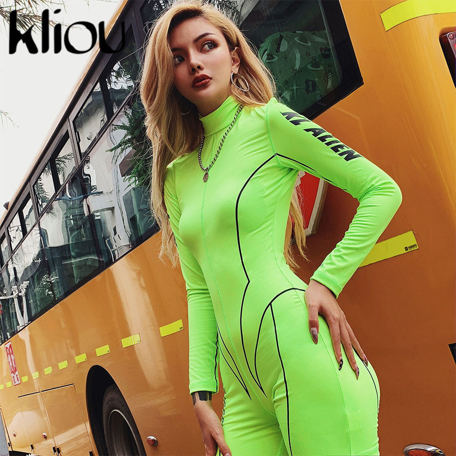 Kliou new women turtleneck full sleeve fitness playsuit white striped patchwork letter print push up skinny casual bodysuit T200113