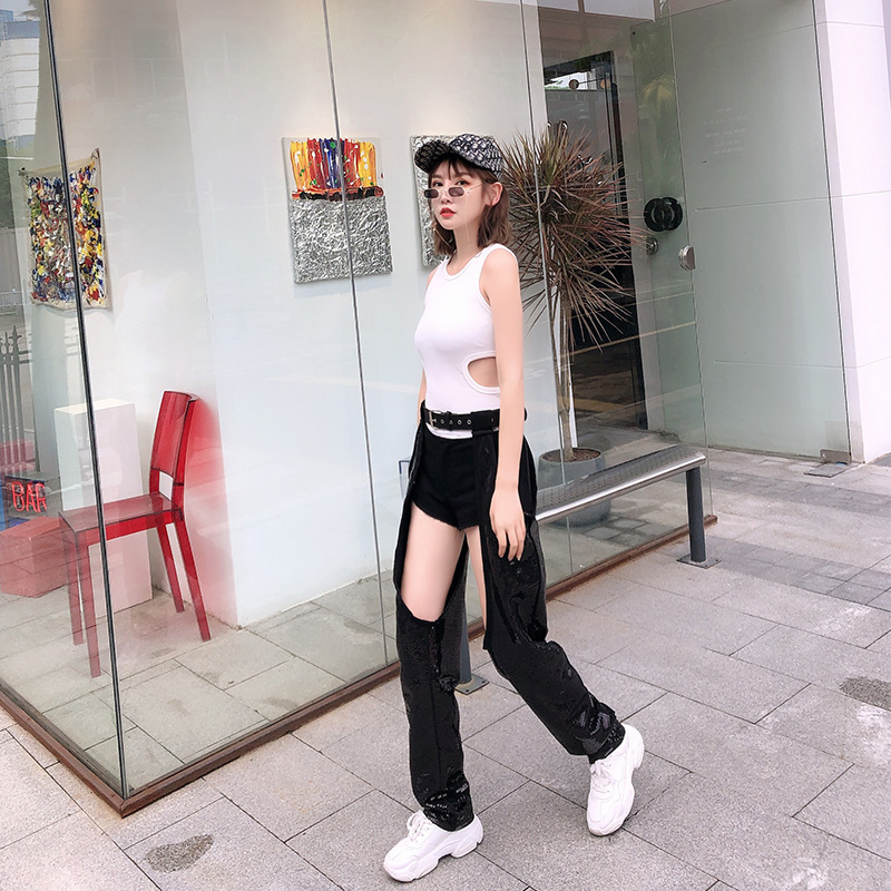 Women Streetwear Cargo Jogger Patchwork High Waist Belt Denim Short Hollow Sexy Sequin Pant Punk Hip Hop Ballroom Black Harem T200422