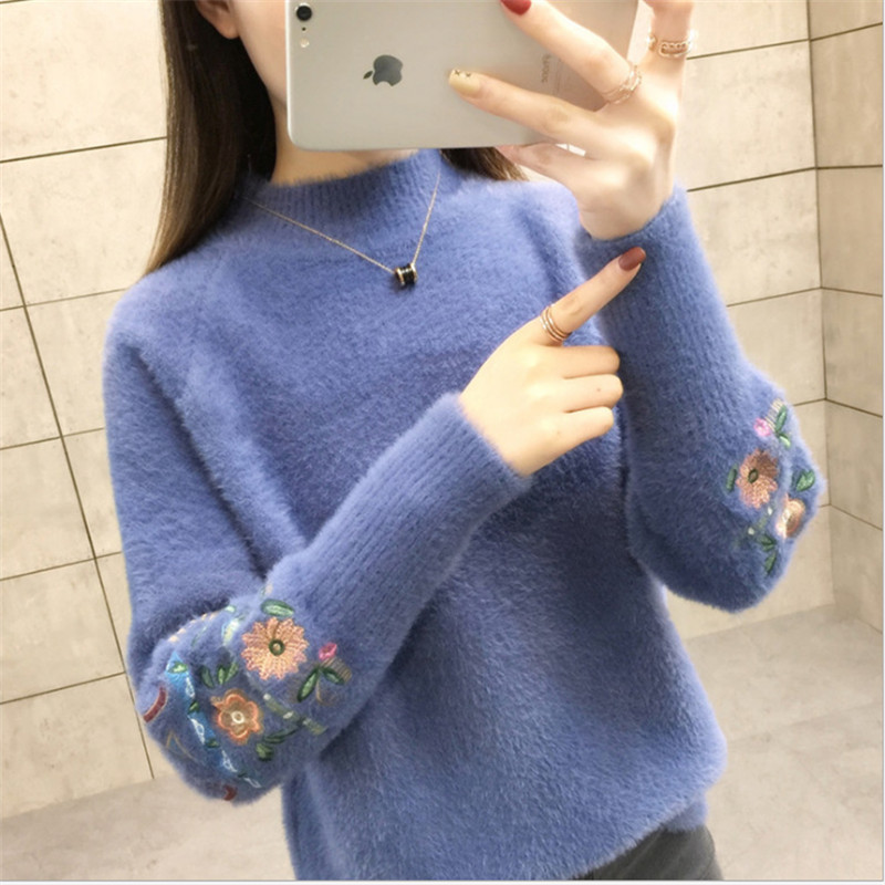 Women O-neck Wool Sweaters Long Sleeve Knitted Casual Embroidery Pullovers Thick Autunm 201222
