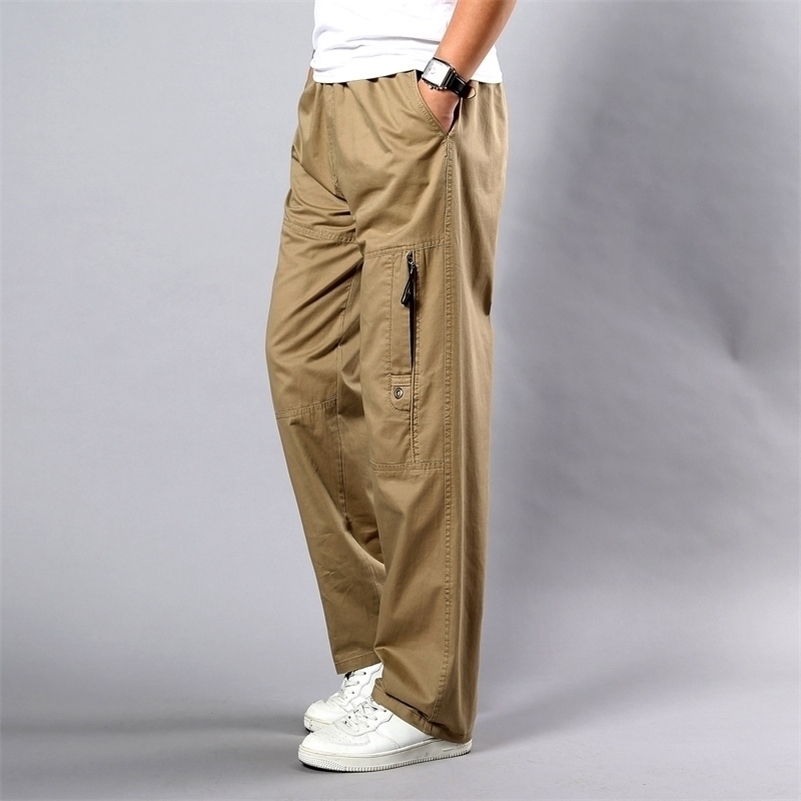 Summer Men's Khaki Pants Large Size Straight Fit Big Sizes 5XL Side Pockets Wide Leg Cotton Black Cargo Pants Work Trousers Male 201109