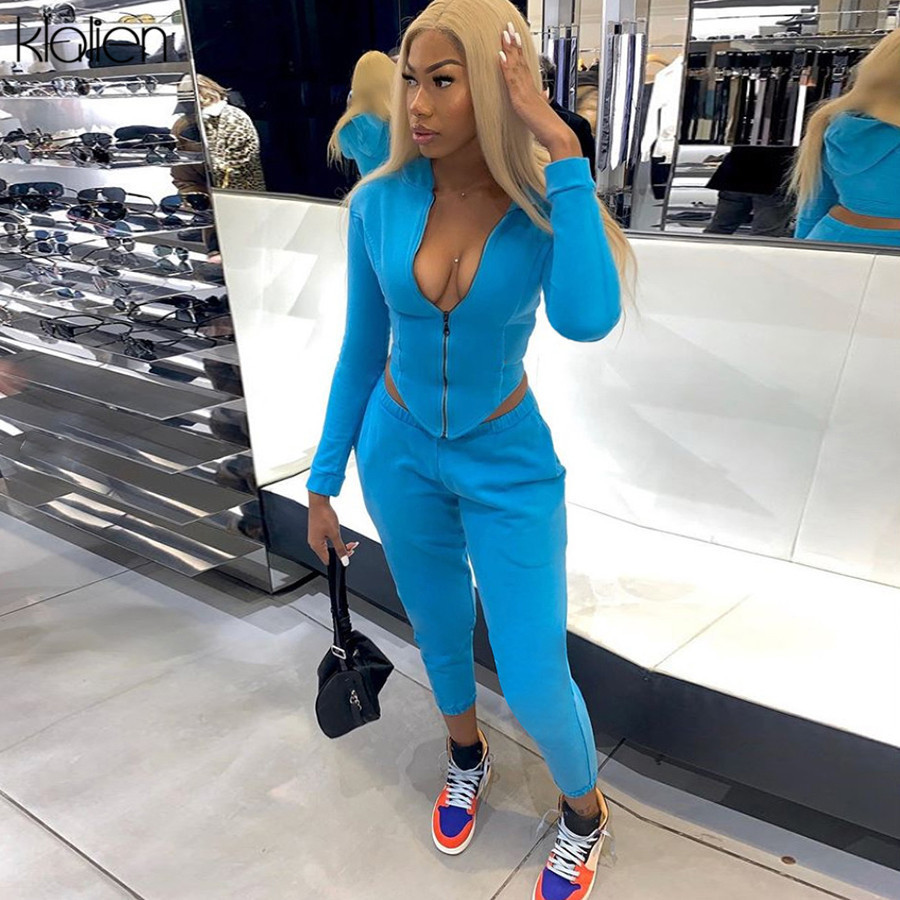 KLALIEN casual street sports style zipper hoodie and pant two piece set women tracksuit fitness female outfit high quality 201119