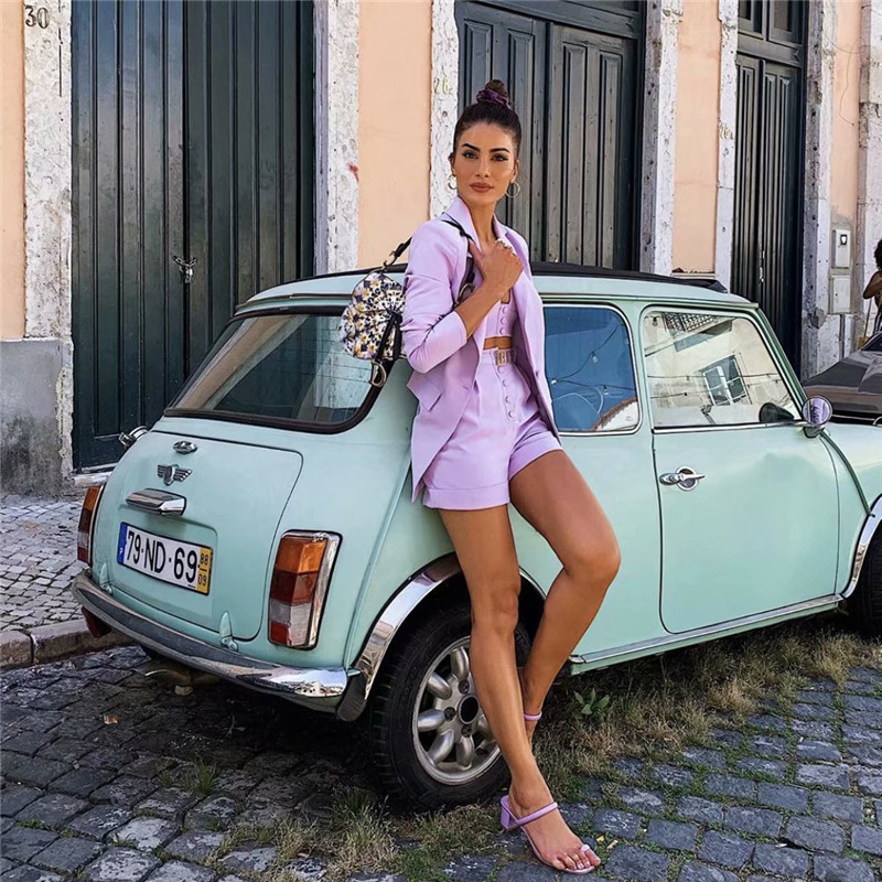 Fashion Three Piece Set Women High Street Solid 3 Piece Set Tops And Shorts Casual Suit Blazer With Sexy Camisole Chic Short 201012