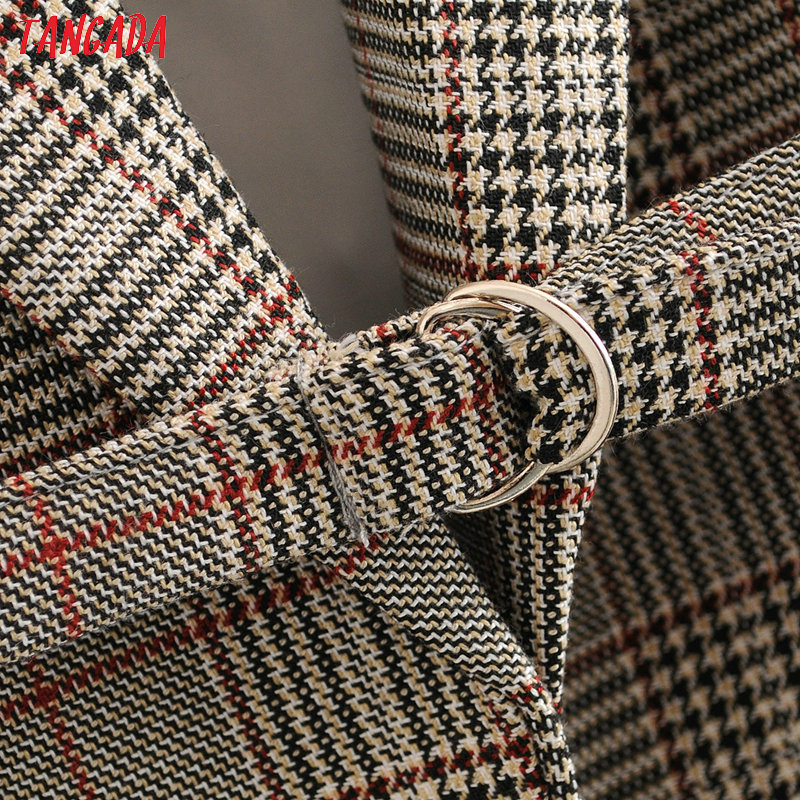 Tangada women vintage plaid blazer with belt female long sleeve elegant jacket ladies work wear blazer formal suits DA12 201201