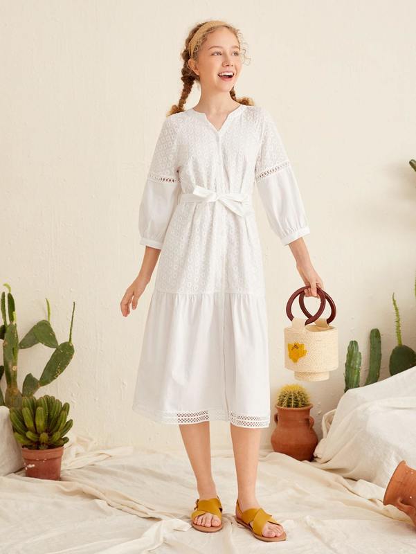Teen Girls Guipure Lace Insert Self Belted Schiffy Dress SHE